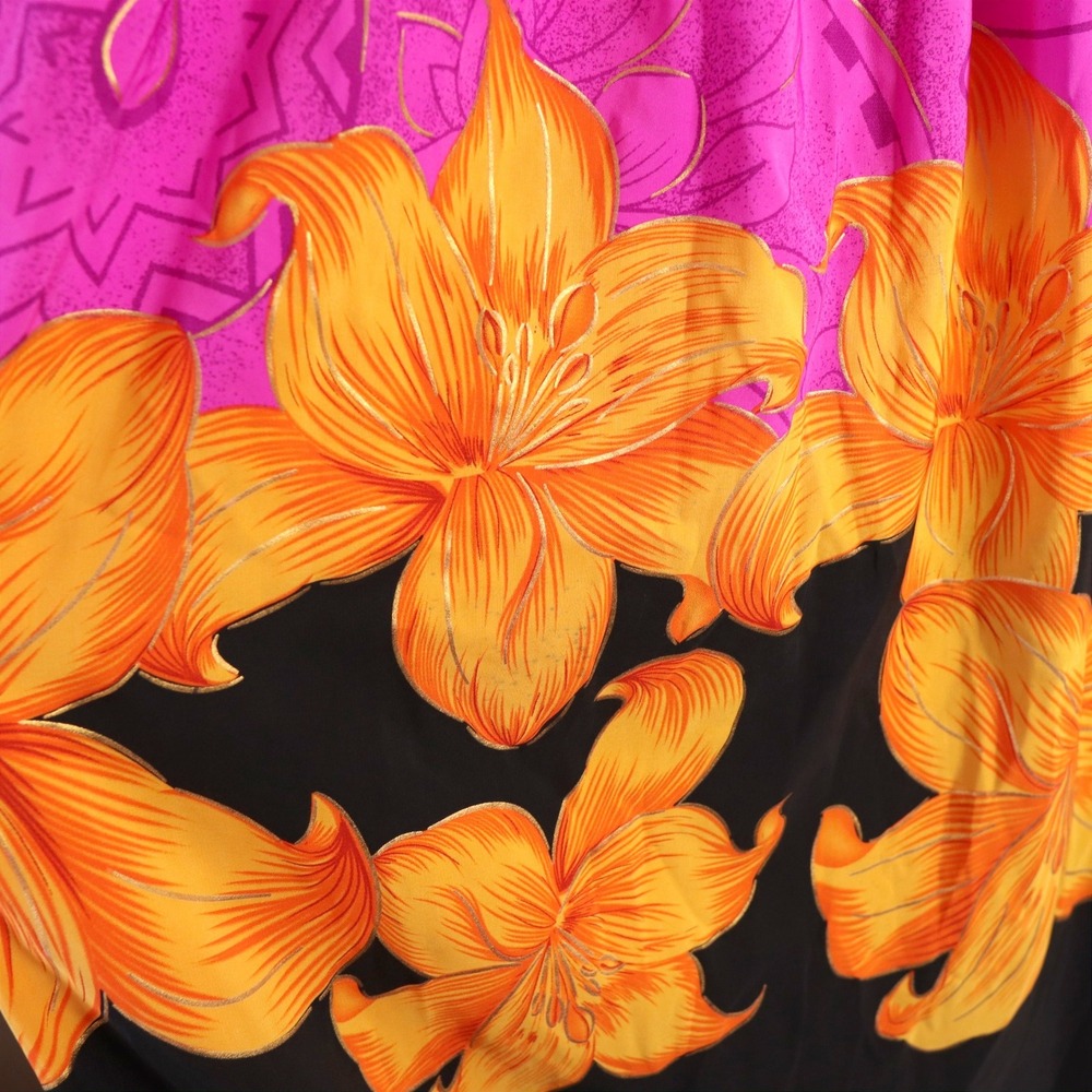 Vintage Handsewn Micronesian Dress Floral Orange Pink Square Neck Puff Sleeve - Picture 2 of 15